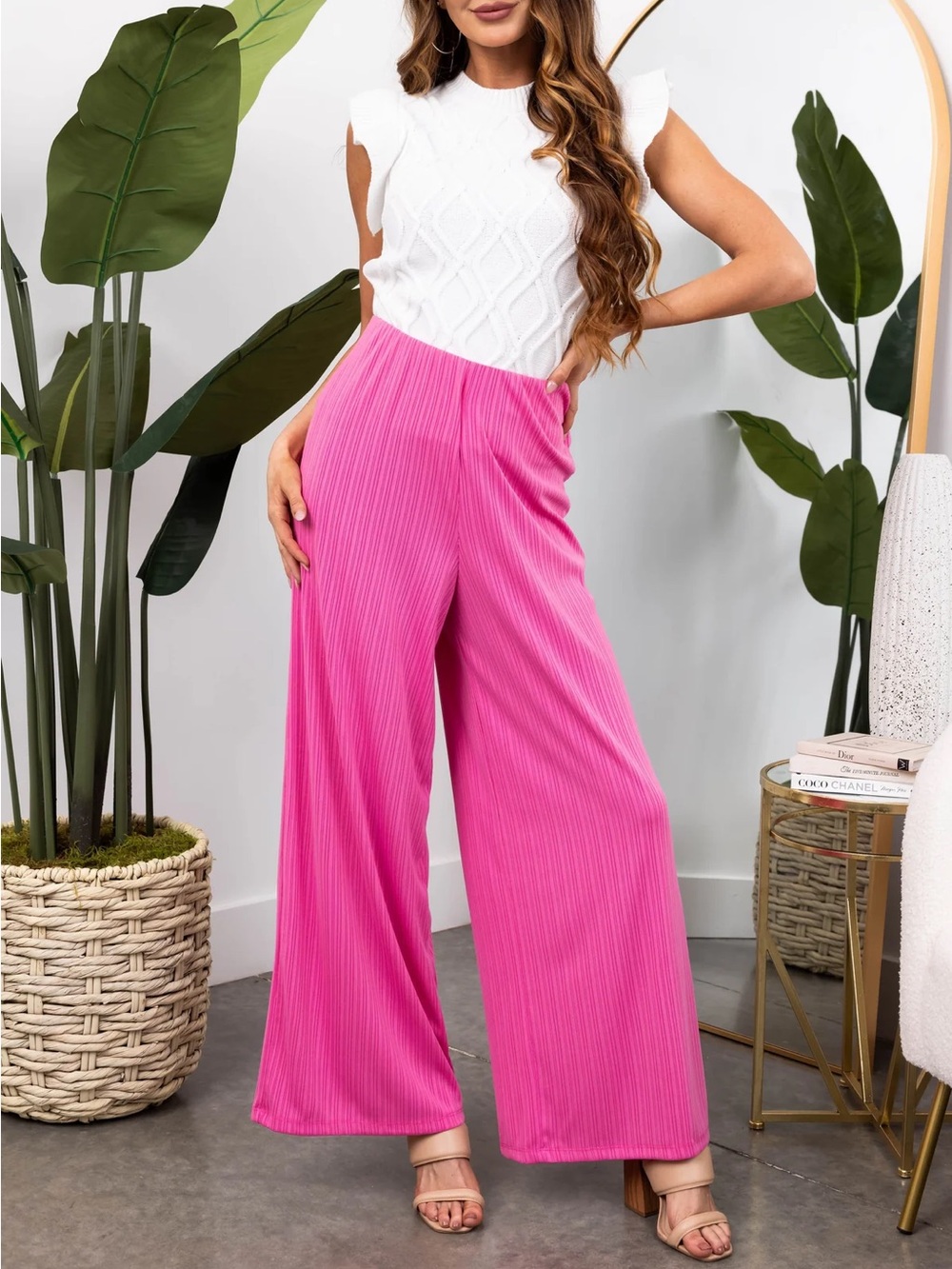 New She+Sky Bubblegum pink Ribbed Knit Wide Leg Pants medium